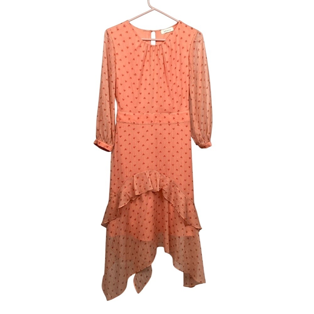 LENON Women's Sample Dress M Puff Sleeves Round Neck Tie Waist Heart Pattern